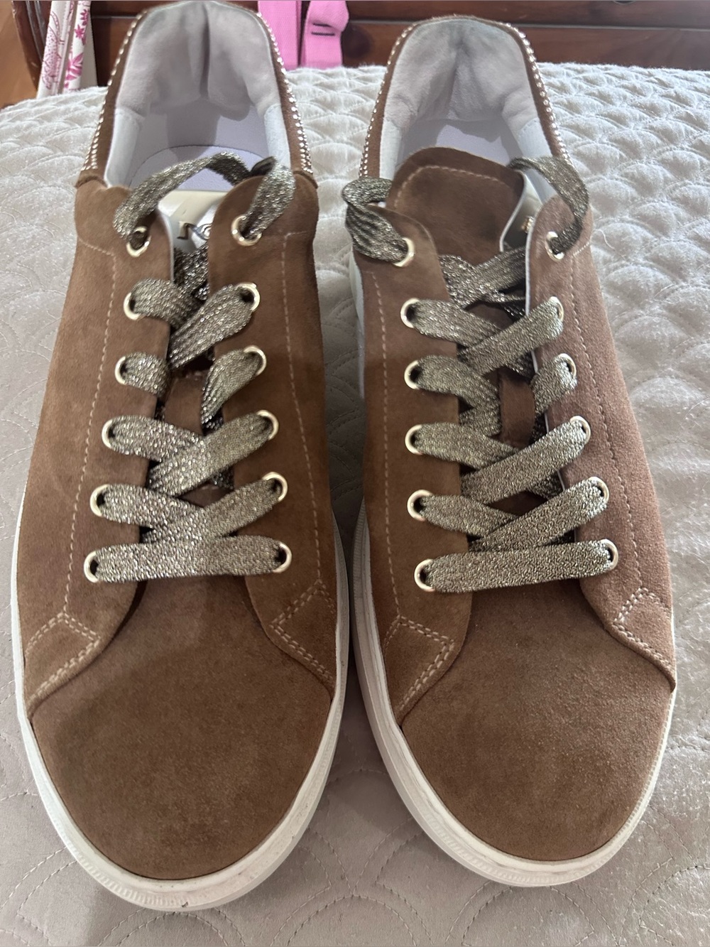 Nero Giardini brown suede sneaker with metal grommets on back and metallic laces